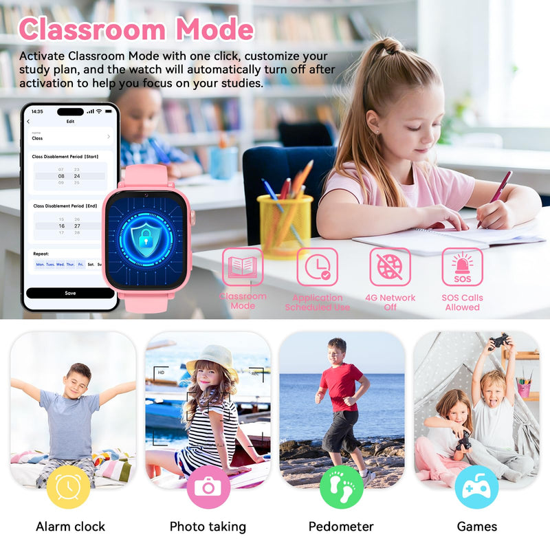 4G Kids Smart Watch Phone GPS, Smartwatch for Boys Girls Ages 4-12 Years with Video Call Chat Class Mode SOS Camera Alarm Games Parental App Touch Watch Gifts for Children (Includes SIM Card) Pink Rose Pink