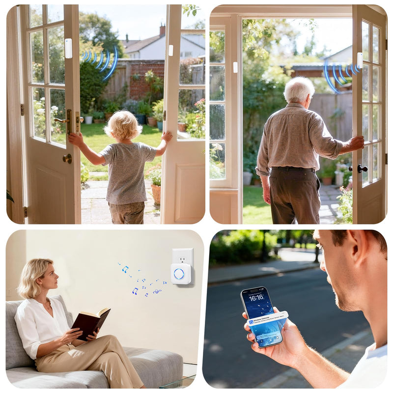 [AUSTRALIA] - WiFi Door Sensor Chime, Smart Door Open Alert Window Sensor for Business/Home/Kids Safety, Real-Time App Notification, 500ft Range, 32 Melodies, 5 Volume Levels, Window Contact Sensor Alarm Kit White 3 