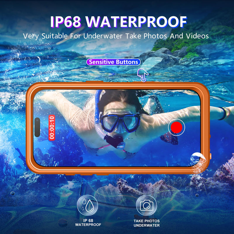 Compatible with iPhone 17 Pro Max Case,Waterproof Built-in Screen & Camera Protector IP68 Underwater Full Body 17FT Military Dropproof Shockproof Phone Case 6.9"-Orange/Clear Orange for iPhone 17 Pro Max 6.9"
