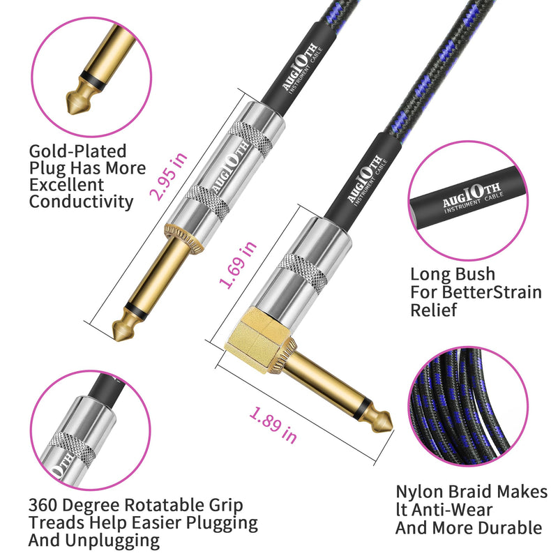 Guitar Cable 6 ft 2 Pack, Electric Instrument Bass Cable AMP Cord 1/4 Straight to Angled Dark Blue Tweed 6ft Straight Angled Blue Braided