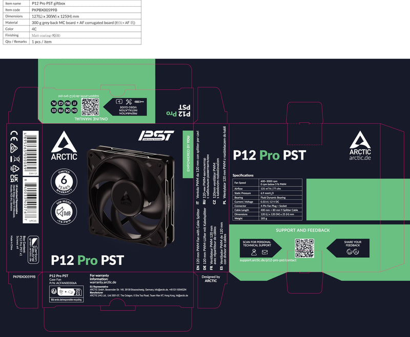 ARCTIC P12 Pro PST - Powerful Premium Fan, 120 mm PWM Fan with Y-Cable Splitter, 600-3000 RPM, 0 RPM <5% PWM, Fluid Dynamic Bearing, 4-Pin - Black