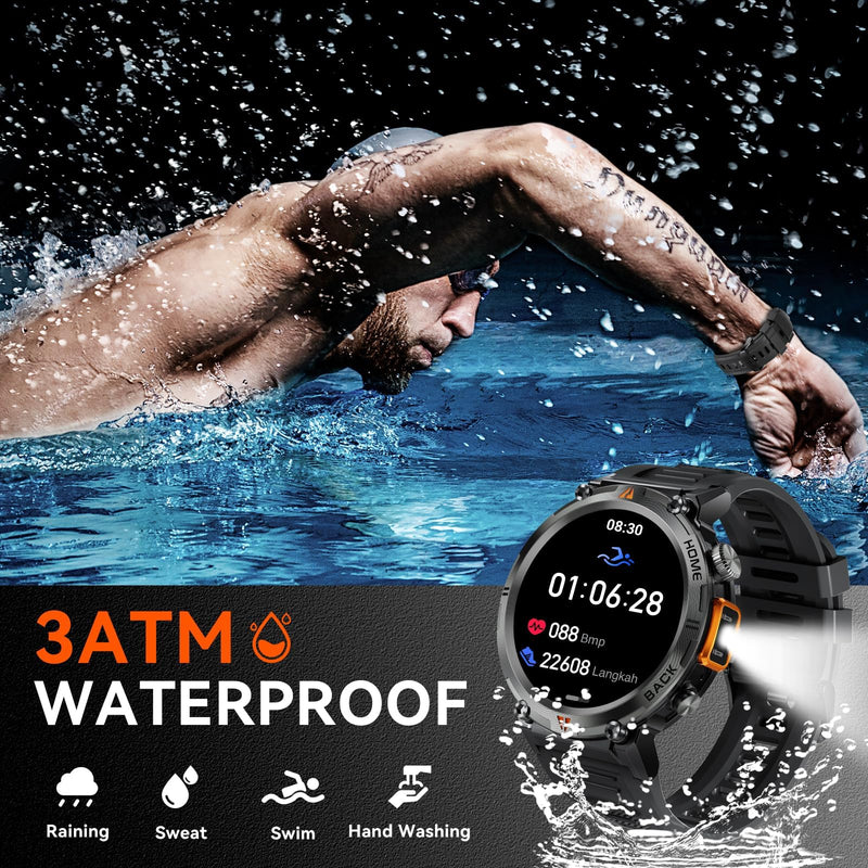Military Smart Watch for Men with LED Flashlight 1.45" HD 3ATM Waterproof | Rugged Smart Watch with 100+ Sports Modes Fitness Tracker with Heart Rate/Sleep Monitor Tactical Smartwatch for iOS Android Orange