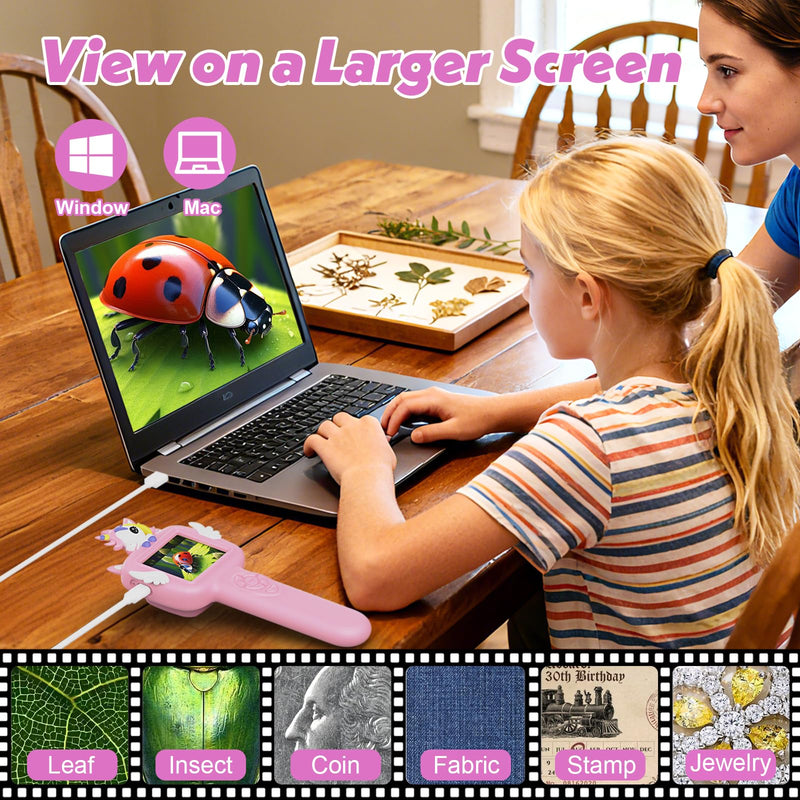 [AUSTRALIA] - Microscope for Kids Gifts Toys Science, Mini Handheld Digital Pocket Microscope Requiring Direct Surface Contact, Educational STEM Toy for Boys Girls Ages 8–12, Christmas Birthday Gift Idea Pink 