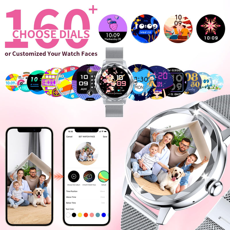 Smart Watch for Women, 1.2" Display 100+ Sports, IP68 Waterproof | Fitness Tracker with Heart Rate, Sleep & Female Cycle, Adjustable Fit, iOS & Android Compatible, W02-Silver