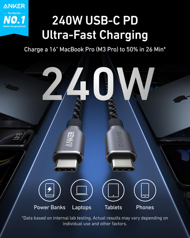 Anker Prime USB C to USB C Cable, 240W Fast Charging Cord, Upcycled-Braided Nylon with 100-Year Bend Durability for iPhone 17 Series, MacBook, Galaxy S24(1 FT) (Pack of 2)