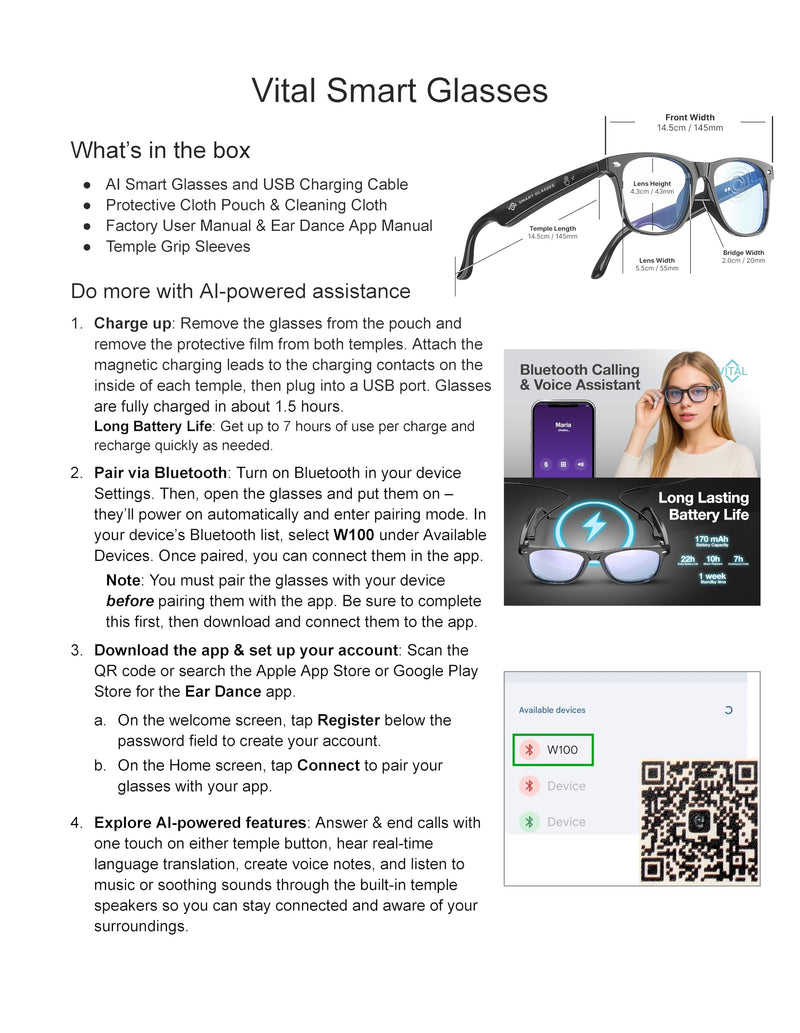 Vital Smart Glasses for Men Women AI Translation Open-Ear Bluetooth 5.3 | 164-Language Translator in Phone App, UV400 Blue-Light Blocker, Voice-Assistant Eyewear, Open-Ear Audio AI Glasses