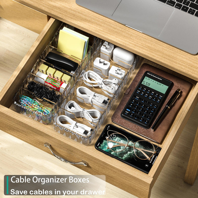 Cable Storage Boxes Organizers 2 Pack,Cord Charger Storage Organizer Box Case with 20pcs Cable Ties,Stackable,Clear