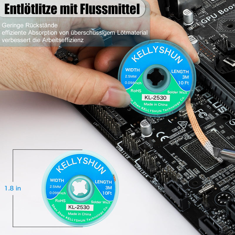 KELLYSHUN Flux Soldering, Soldering Paste and Desoldering Wire, No-Clean Rosin Soldering Flux (Pack of 1), Sn42%/Bi58% Soldering Paste (1 Piece), 2.5 mm/3 M Desoldering Braid (Pack of 1), for BAG, 3 Piece Set