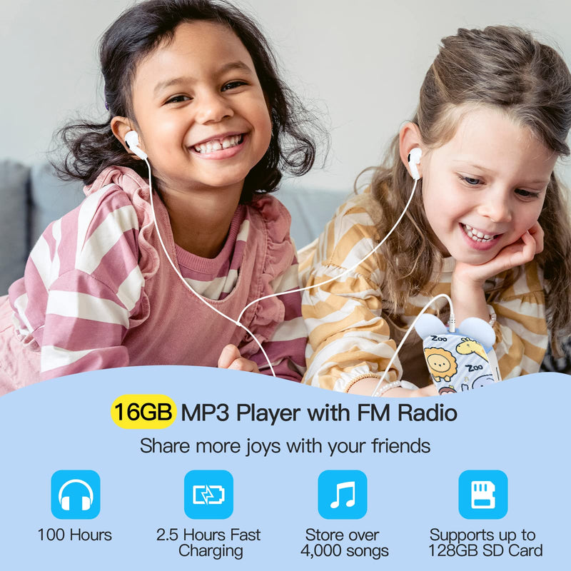 RUIZU 64GB Bluetooth MP3 Player for Kids, Cartoon Zoo Portable Music Player, Child MP3 Player with Bluetooth, Speaker, FM Radio, Voice Recording, Stopwatch, Pedometer, Expandable 128GB Micro SD Card