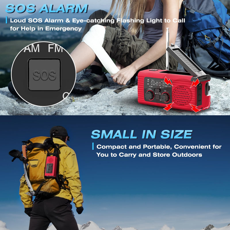 Emergency Radio, Hand Crank Radio Solar for Hurricane Supplies, AM/FM NOAA Portable Weather Radio 2000mAh with LED Flashlight, Power Bank, SOS Alarm 180°Rotatable Reading Lamp for Emergency Red