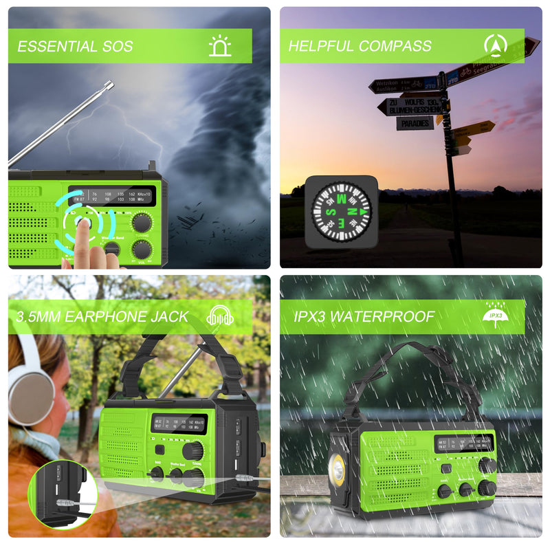 Emergency Weather Radio,8000mAh AMFM NOAA Weather Alert Radio,Solar Hand Crank Powered Radio with Super Bright Flashlight,Phone Charger,SOS Alarm,Compass for Survival, Hurricane,Outdoor, Emergency Green