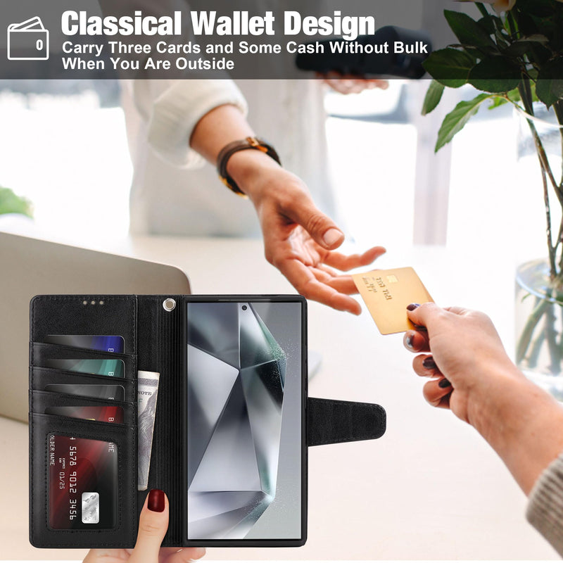 Arae Case for Samsung Galaxy S24 Ultra 5G Wallet Case Flip Cover with Card Holder,Faux Leather Galaxy S24 Ultra 6.8 inch Case Wallet for Women and Men with Kickstand Wristlet Strap,Black S24 Ultra-6.8 inch Black