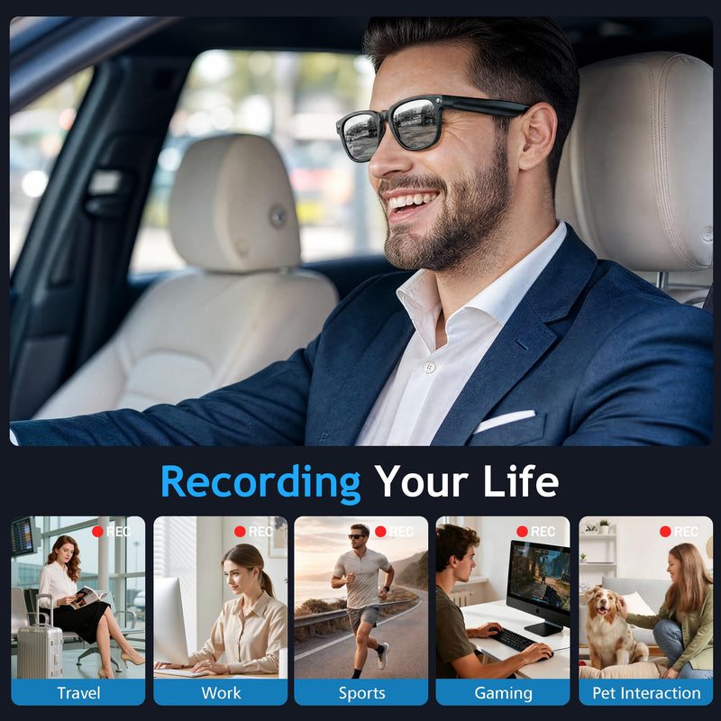 AI Smart Glasses with Camera,4K Photo & Video Capture,Real-Time Translation | 8MP HD Bluetooth Glasses Camera, AI Assistant with Object Recognition, Open Earbuds, Travel, Work, Vlog (Photochromic)