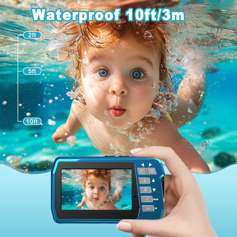 Waterproof Digital Camera, Underwater Camera with 32GB Card(Installed), 4K FHD 48MP Dual-Screen Selfie Under Water Camera for Photography, 10FT Waterproof Camera for Snorkeling, Surfing, Rafting Blue