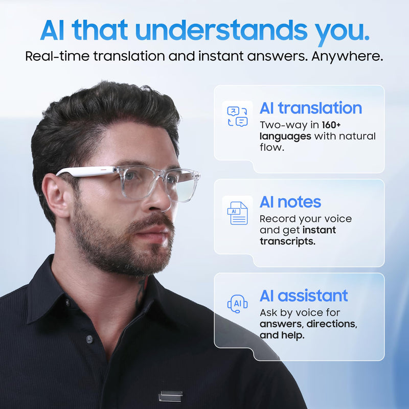 AI Smart Glasses, Translator, Open-Ear Bluetooth Audio, White TR90 Frame | Real-time AI interpreter & translator, open-ear speakers, auto on/off wear sensor, touch control, for men & women
