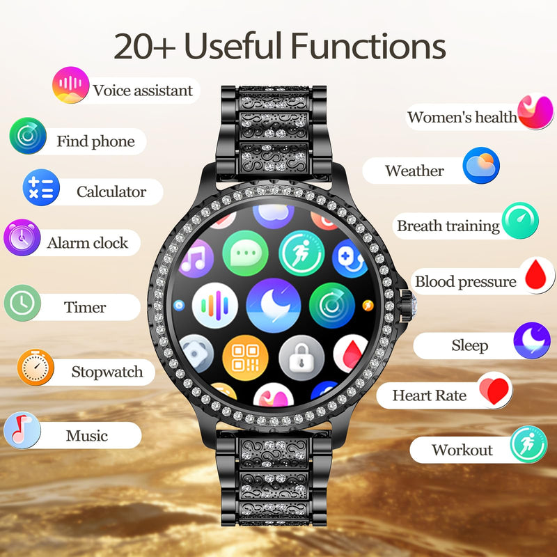 Smart Watch for Women with Diamonds, Bluetooth Calls, 1.32'' Full HD Screen Fitness Tracker with Multiple Sports Modes/Heart Rate/Sleep Monitor, IP68 Waterproof for Android iOS, Elegant Black