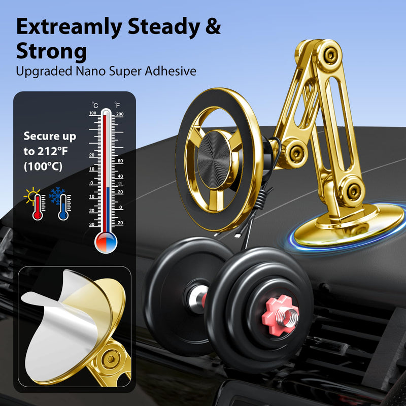 Ultra Magnetic Long-Arm Phone Holder Stand, Fits for MagSafe Car Mount Bracket【Windshield+Vent+Dash】, 360° Rotation Adjustable Strong Magnets Car Mount Desk Office Phone Cradle Holder, Gold