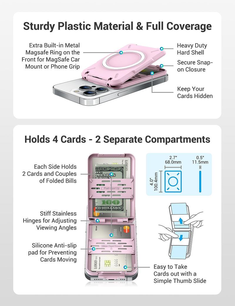 PROfezzion 2-in-1 for MagSafe Wallet Stand, RFID Blocking Magnetic Card Holder Fit 4 Cards, Detachable Hard Shell Wallet for iPhone 15 14 13 12 Pro Max Plus & MagSafe Case (Not for 13/12 Mini) Pink