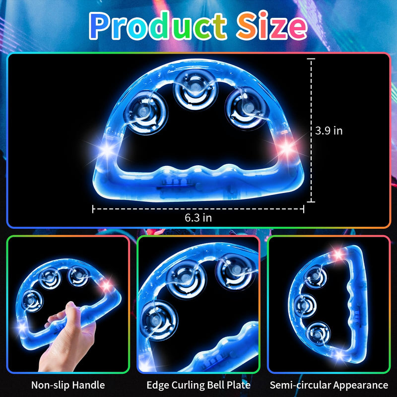 12 Pieces Light Up Tambourine, LED Tambourines for Adults Kids, Musical Flashing Tambourine Glow Tambourines Handheld Percussion Instrument for Wedding Party