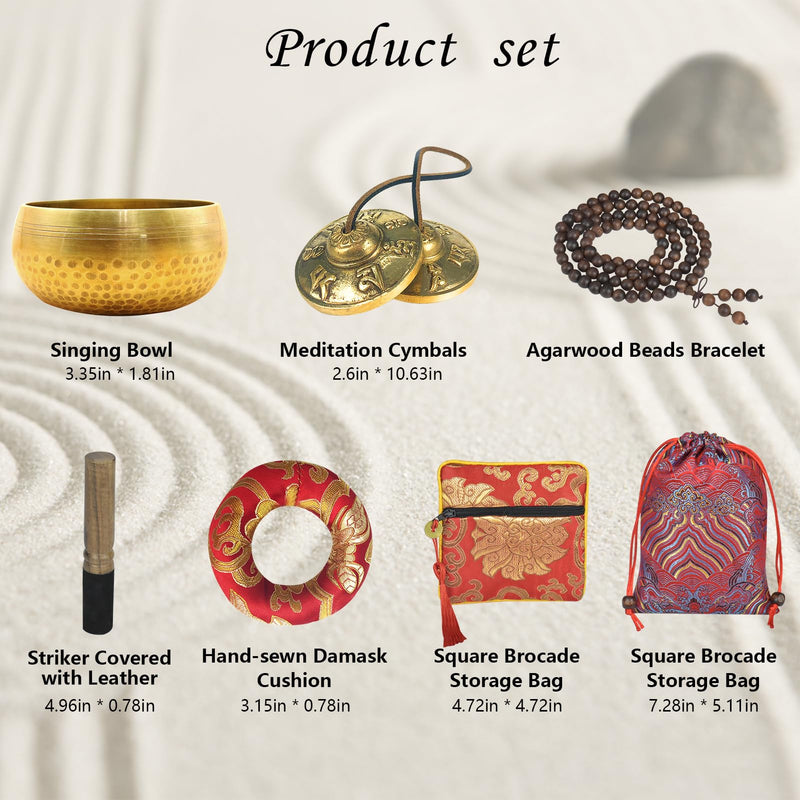 Artcome 7PCS Tibetan Meditation Set - Tibetan Singing Bowl & Tibetan Tingsha Cymbals Bells Handmade in Nepal for Meditation, Yoga, Tranquility, Relaxation, Chakra Healing, Stress Relief & Mindfulness