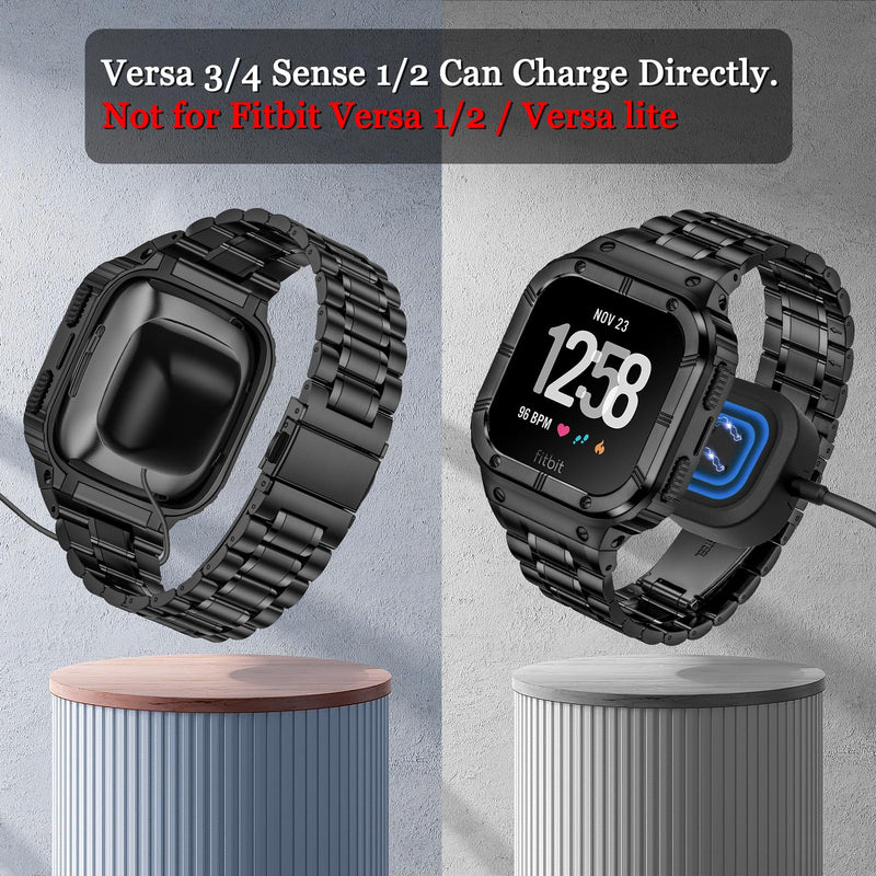 BAITEYOU Stainless Steel Watch Band with Case Compatible for Fitbit Versa/Fitbit Sense Bands, Rugged Protective Bumper Metal Wristbands for Men Women Black