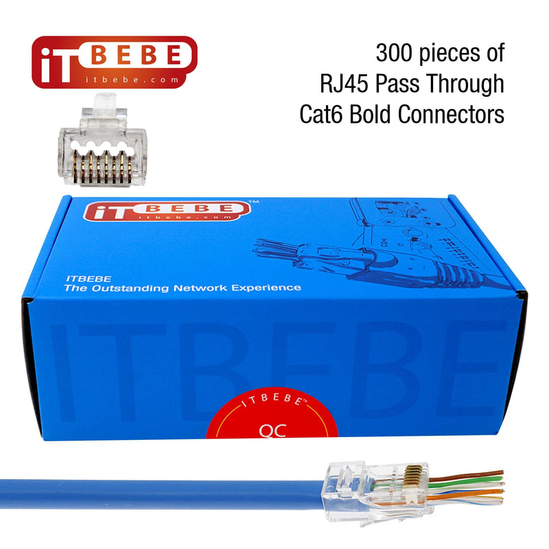 ITBEBE 300 Pieces RJ45 Cat6 cat6a Pass Through Connectors - Gold Plated Transparent Passthrough Ethernet Insert Crimp Connector UTP Network Plug for 23 AWG Cables Quantity 300