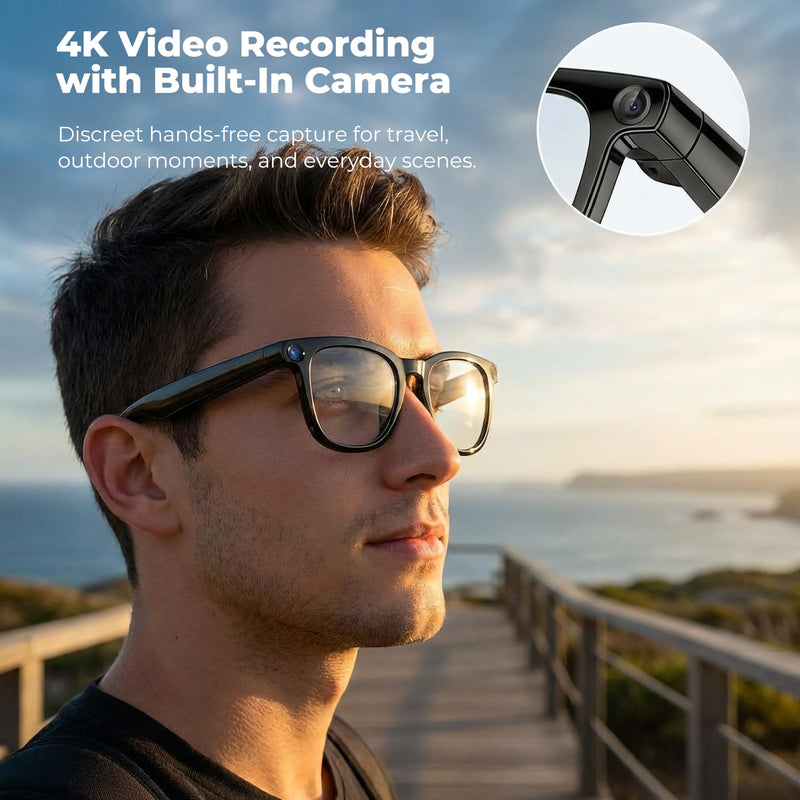 AI Smart Glasses with Camera, 8MP Photo & 4K Video, Real-Time Translation in 140+ Languages, Voice Assistant, Object Recognition, Bluetooth/WiFi, Blue Light Glasses for Travel, Meetings, Vlogging