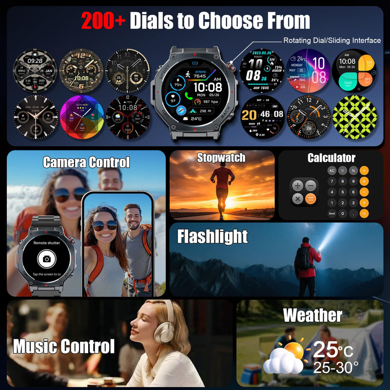 Jugeman Military Smart Watch for Men Built-in GPS with LED Flashlight-Black | 1.43" AMOLED Display, 5ATM Waterproof, Compass, Fitness Tracker, Heart Rate/Sleep/Blood Oxygen, Watches for Android/iPhone Black