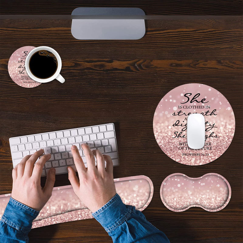 Keyboard Wrist Rest and Mouse Pad Wrist Rest Set with Coasters, Memory Foam, Easy Typing Pain Relief, 4Pcs Keyboard Mouse Pad Set for Computer, Laptop, Home & Office, Bible Verse Proverbs 31:25