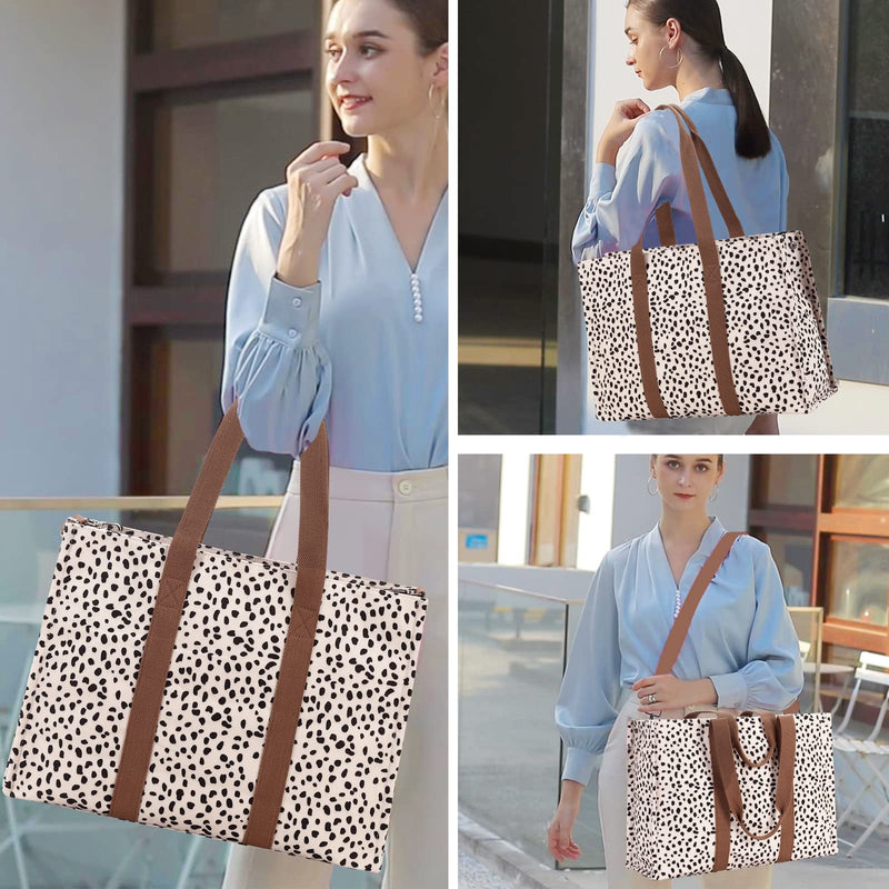 Laptop Tote Bag for Women Work 15.6 inch Canvas Shoulder Bags Computer Messenger Purse Teacher Handbag Office Briefcase Leopard - Apricot