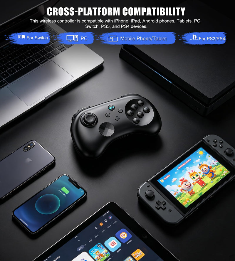 Wireless Fighting Controller for iOS/Android/Switch/PS4/PS3/PC, 6-Button Layout Bluetooth Controllers Retro Gamepad with Hall Joystick/Hall Trigger/Turbo/Programming Key for SEGA’s Classic Games,Black. Black