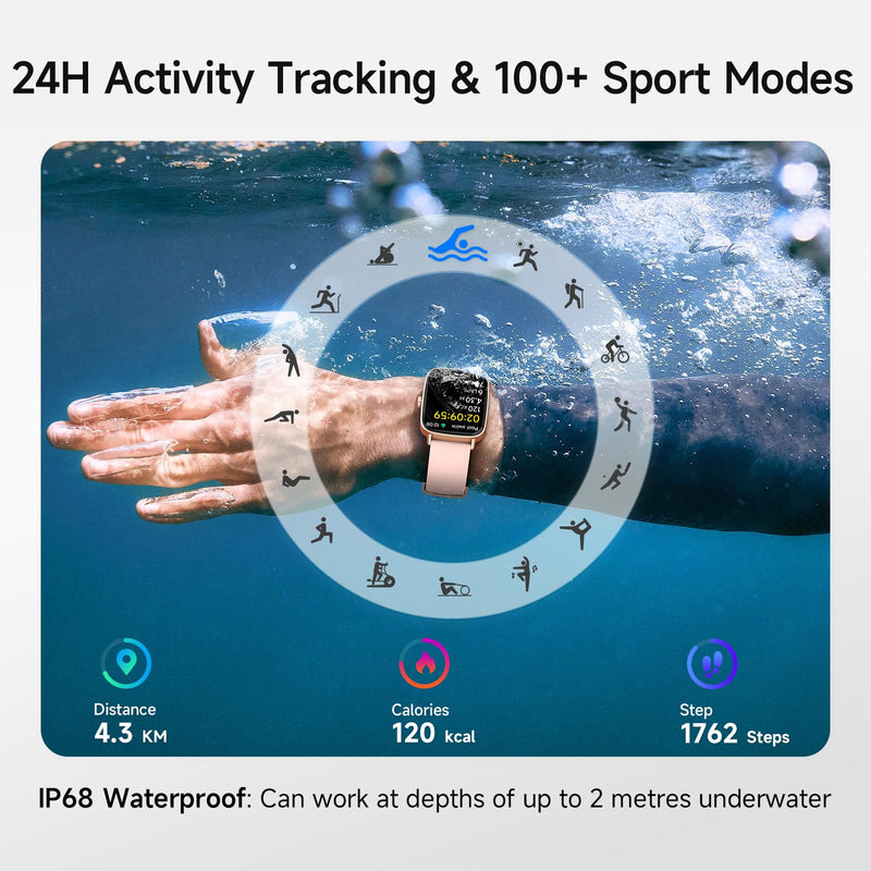 Smart Watch for Women, 1.85" HD Smartwatch Compatible iPhone/Samsung/Android (Answer/Make Calls), 100+ Sport Modes Fitness Tracker with Heart Rate/Sleep/SpO2 Monitor, IP68 Waterproof, with 2 Bands Rose Gold/ 2 Band