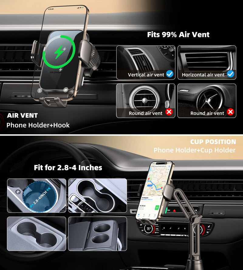 Dual Coil 15W Cup Phone Holder Mount,Wireless Car Charger Auto-Clamping Fast Charging Vent Phone Holders for Your Car for iPhone 17/16/15,Samsung Flip S25 S24 S23 S22 Ultra Black