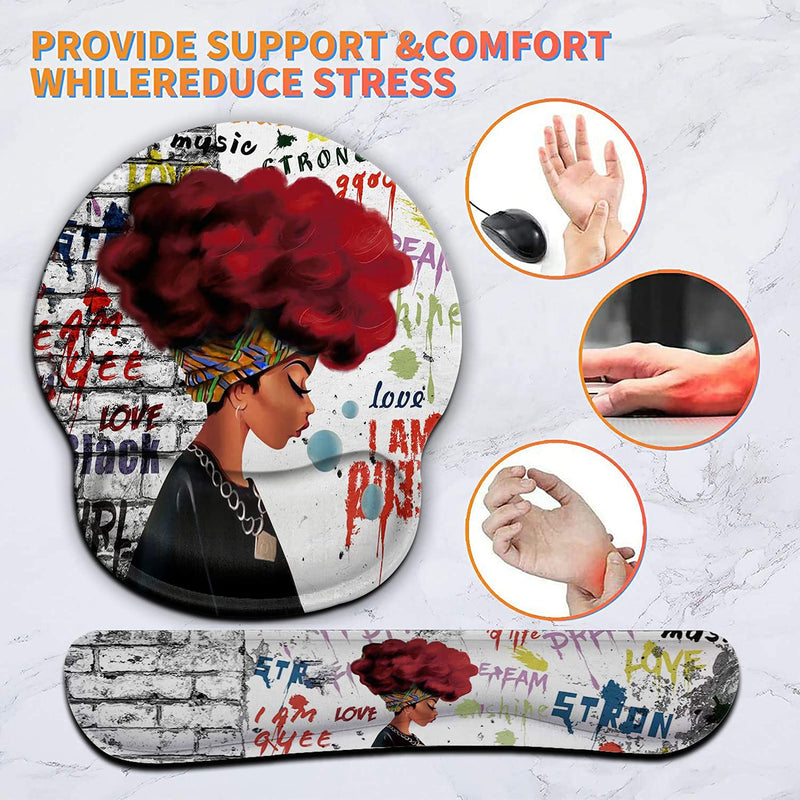 Ergonomic Mouse Pad Wrist Support Gel and Keyboard Wrist Rest Set for Laptop, Mac, Gaming and Office, Durable, Comfortable and Pain Relief + Coaster, African Black Woman Graffiti Girls