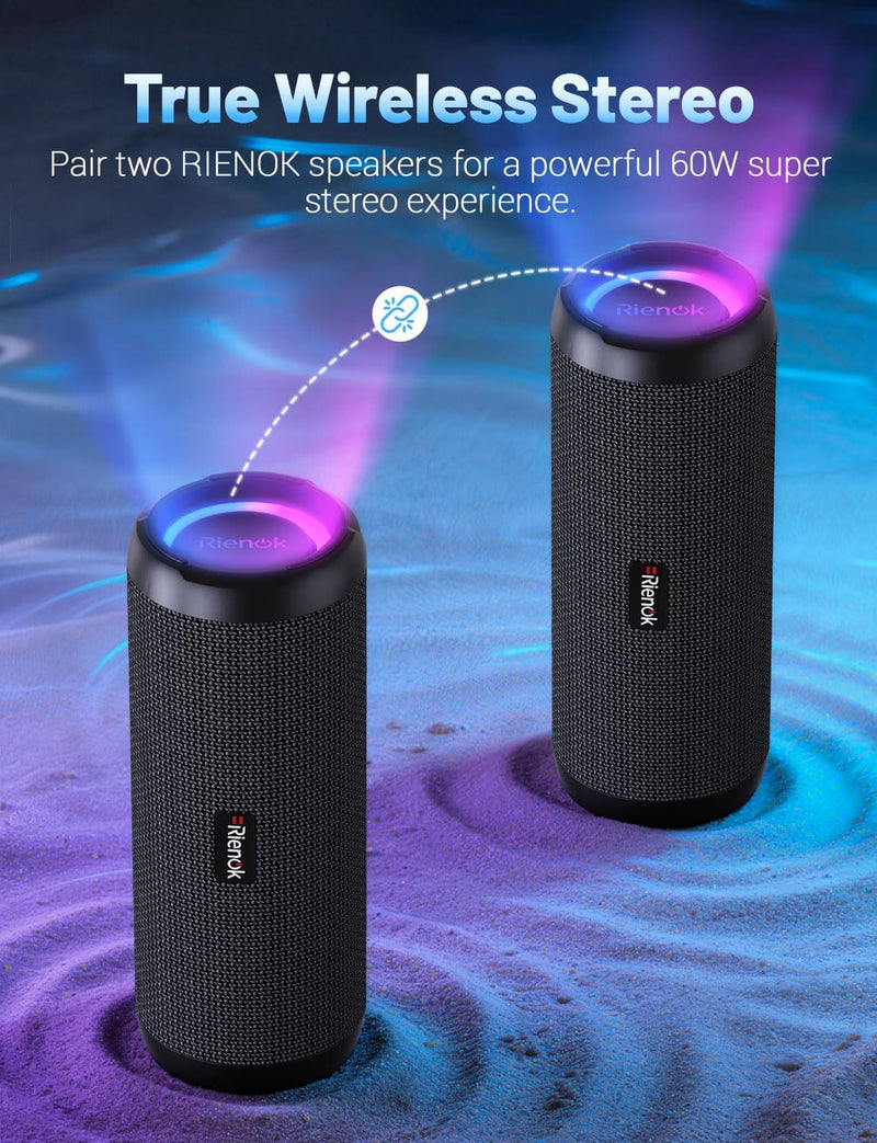 [AUSTRALIA] - RIENOK Portable Bluetooth Speaker 30W Dual Pairing True Wireless Stereo HD Sound IPX7 Waterproof Outdoor Sport Shower Wireless Speaker Bluetooth 5.3 for Home Party Black 3600mAh 