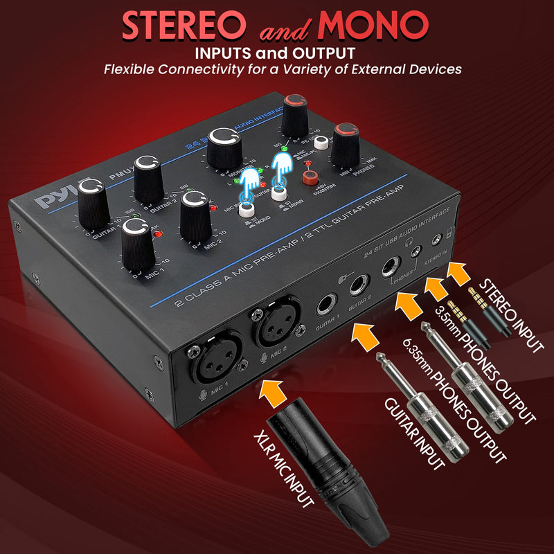 Pyle Professional USB Audio Interface with MIC, Guitar, AUX Stereo Inputs, Phone/Monitor Outputs, Ideal for Computer Playing & Recording, Compact Rugged Metal Housing - PMUX6 Interface Basic