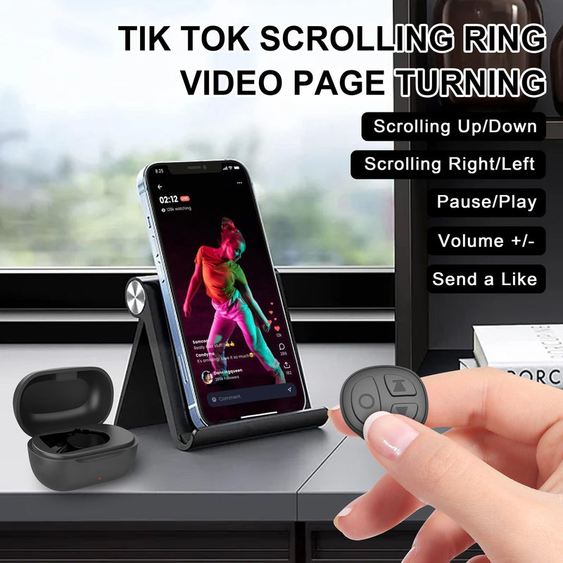 Tiktok Scrolling Ring Bluetooth Camera Remote Control for iPhone TIK Tok Scrolling Ring Page Turner for Kindle App (Not for Kindle Devices) (D02, Black) D02