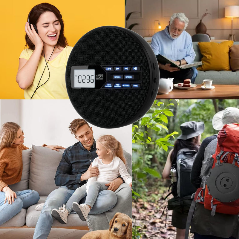 [AUSTRALIA] - Portable CD Player with Dual Bluetooth, Discman for Car with FM Transmitter, Rechargeable, Dual Speakers and Anti Skip,USB,AUX,LCD Display,Backlit Button,Repeat,10 Speeds Black 