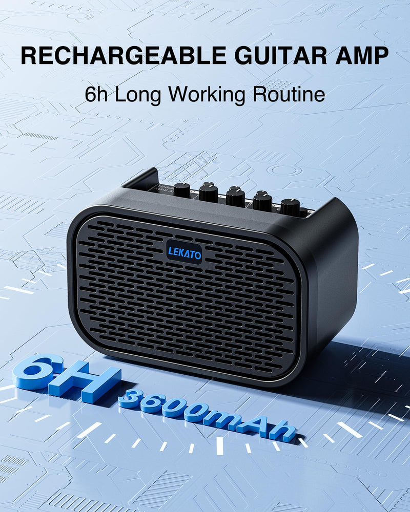 LEKATO Electric Guitar Amp, 10W Mini Guitar Amp, Distortion, Clean, Delay, Three-Band EQ, Gain Regulation, Bluetooth Guitar Amp Portable for Travel, Room Practice Black