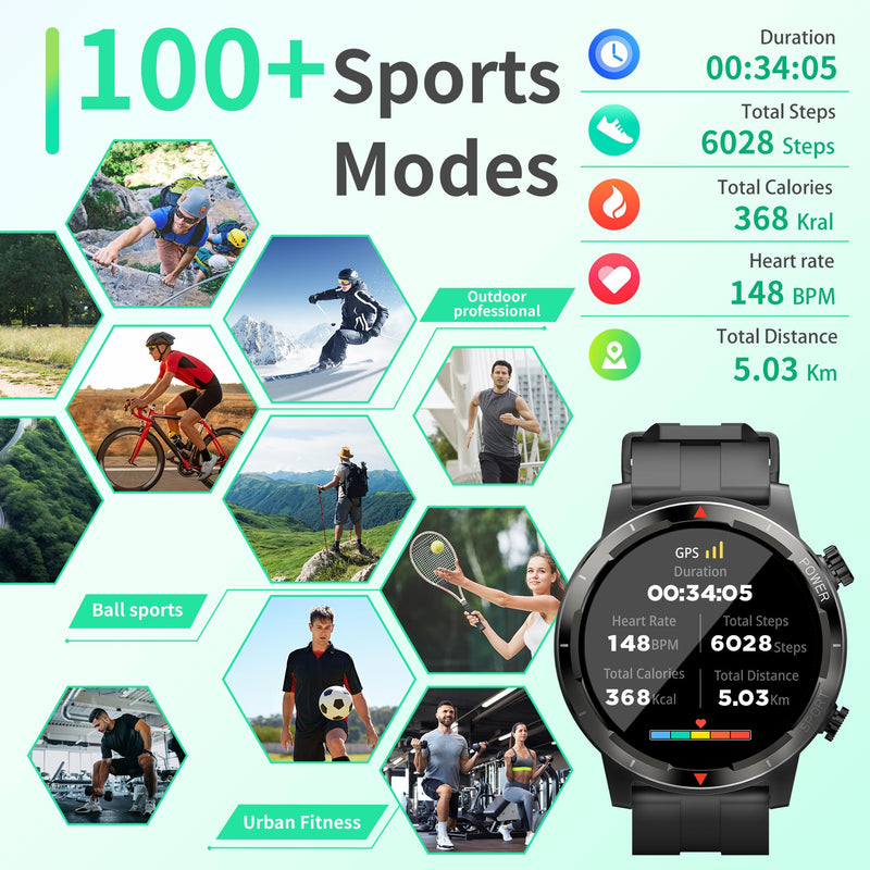 EZON Smart Watch with GPS(Answer/Dial Calls),1.43" AMOLED Display,Military Smartwatch Fitness Tracker with 100+ Sport Modes,Heart Rate,SpO2, Sleep Monitor,Compass,Compatible with Android iOS (Gray) Gray