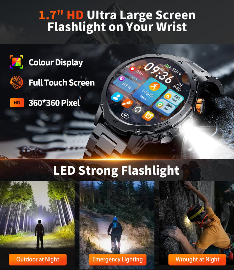 LIGE Smart Watches for Men,1.7" Smartwatch with 1000mah Battery,Flashlight,Bluetooth Call,100+ Sports Modes,Health Tracker,IP68 Waterproof,Fitness Tracker Watch for Android iOS(Black) Black