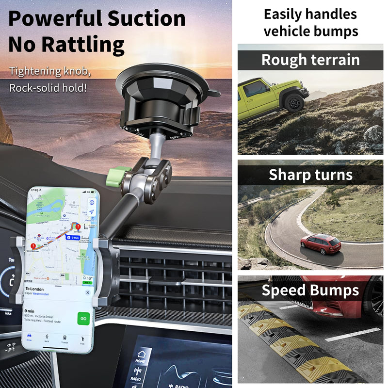 Car Phone Holder-Phone Mount for Car Windshield & Truck-Holder with 360° Rotating Metal Arm-Mount with Super Stable Suction Cup for All Vehicles Extended