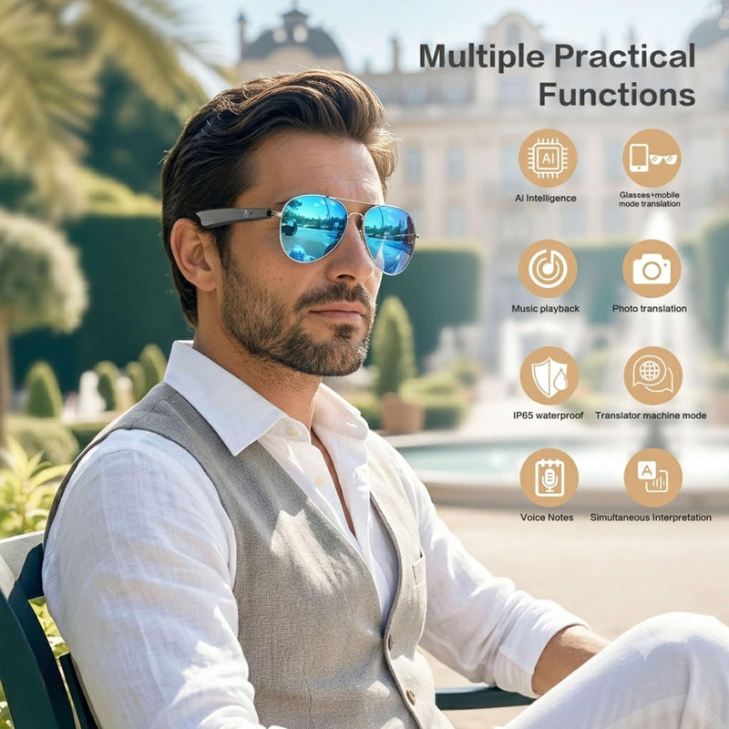 EarlySincere AI Smart Glasses, Smart Translation Glasses That Support 164 Language Translation, IP65 Waterproof Smart Sunglasses, Classic Aviator Sunglasses with Voice Assistant/AI Call/Chat GPT