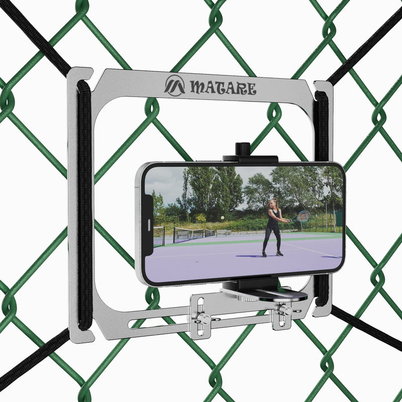 Cell Phone Fence Mount for iPhone, Mevo Start, Phones, GoPro and Other Action Cameras, to a Chain Link Fence for Recording Baseball,Softball and Tennis Games argent