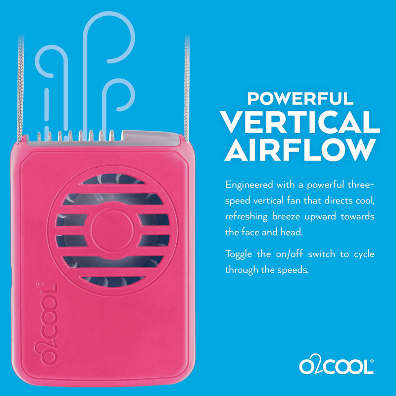O2COOL Rechargeable Necklace Fan - Portable Hanging Neck Fan with Adjustable Lanyard - 3 Speed Vertical Air Flow – Micro USB Charging Cable Included, 2 Pack (Raspberry) Raspberry