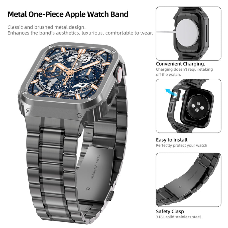 Metal Band Compatible with Apple Watch Band 44mm 45mm for Series SE/SE2 9 8 7 6 5 4,Stainless Steel iWatch Band with Bumper Case for Men,iWatch Strap with Metal Protective Cover Z-Space Gray 45mm(Series 9/8/7)