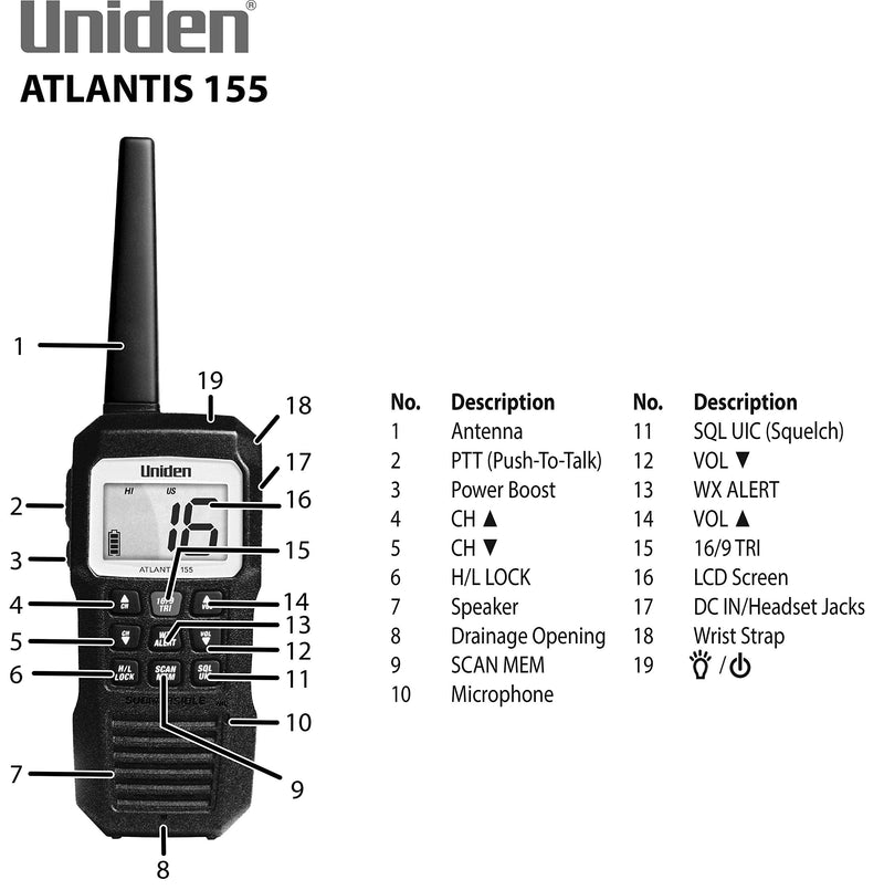[AUSTRALIA] - Uniden Atlantis 155 Handheld Two-Way VHF Marine Radio, Floating IPX8 Submersible Waterproof, Dual-Color Screen, All USA/International/Canadian Marine Channels, NOAA Weather Alert, 10 Hour Battery 