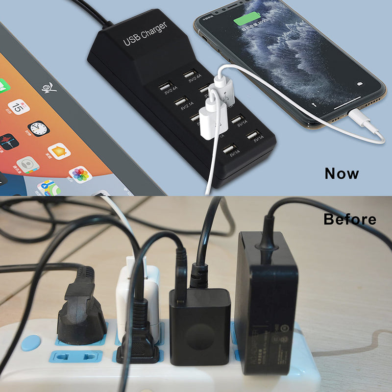 USB Charger,5V 10A(50W) USB Charging Station with 10-Port Family-Sized Smart USB Ports for Multiple Devices Smart Phone Tablet Laptop Computer, for iPhone 15/14/13 Black A-Black
