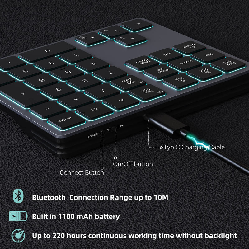 Doohoeek Backlit Bluetooth Numeric Keypad for Laptops and Computers, Number Pads 34 Keys with 7-Color Backlight for MacBook & Windows, Gray Bluetooth Only Grey