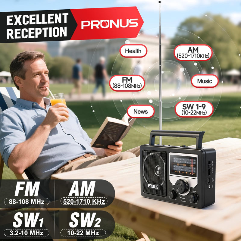 [AUSTRALIA] - PRUNUS J-81 AM FM Radio Portable Bluetooth, Solar/D Battery Operated/USB-C Rechargeable for Emergency, Transistor Radios with Headphone Jack,Support TF Card/USB Playing, Large Knob Easy to Use 